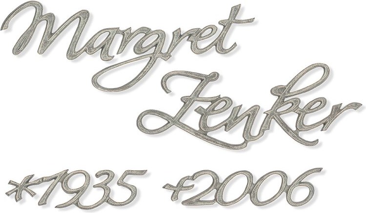 Bronze-Inschrift Zenker für Grabmal, Dicke 6–15 mm