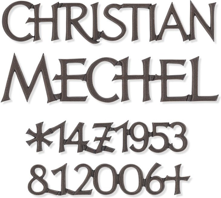 Bronze-Inschrift Mechel für Grabmal, 6–15 mm